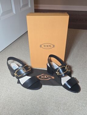 TOD'S Black Leather Slingback Block Heels with Gold Buckle